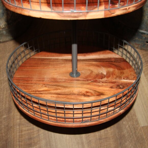 NEW Large Rustic 17.75" Iron & Wood Tiered Farmhouse Basket Stand - Picture 7 of 8